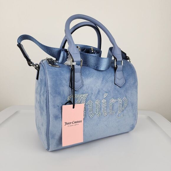 Juicy Couture Bag Obsession Satchel Slate Blue Velvet Rhinestones Purse Handbag - Picture 14 of 14